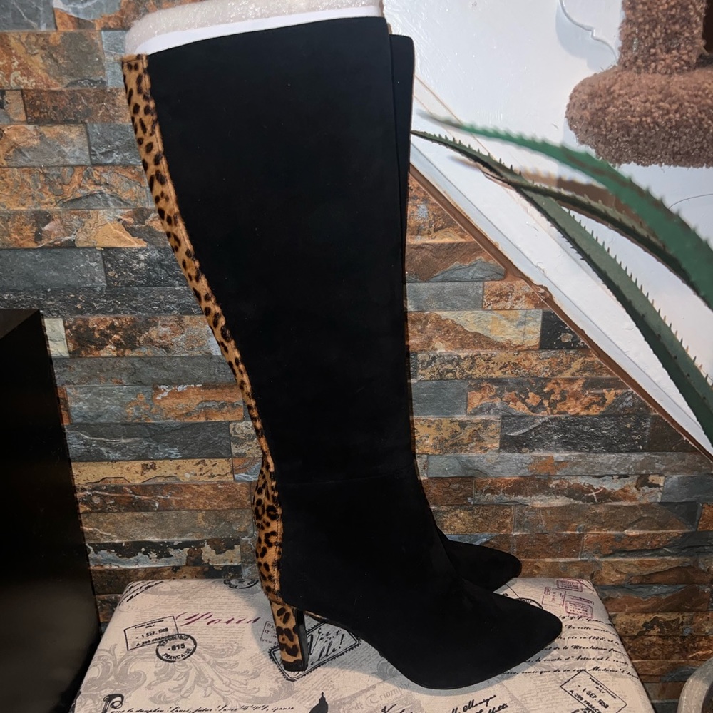Alfani Women Dress Boots Tadashi Size 5.5M Black Suede Brown Leopard Print NWT